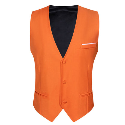 Orange Solid Silk Men's V Neck Vest Set vest set    - Sophisticated Gentlemen