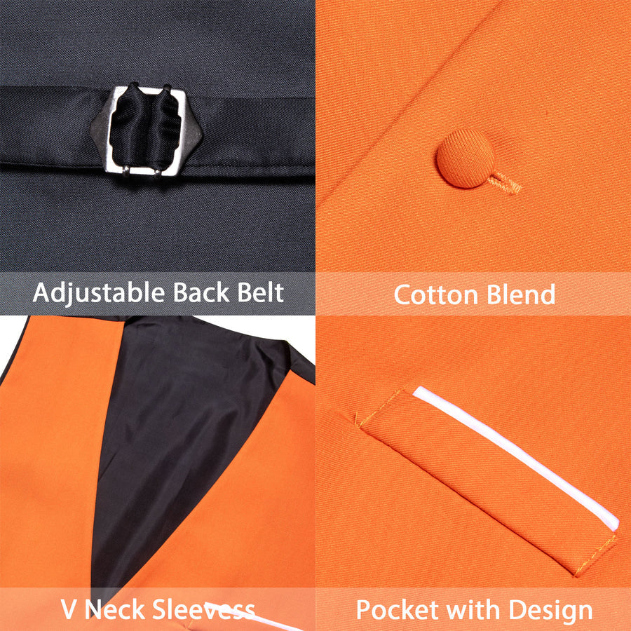 Orange Solid Silk Men's V Neck Vest Set vest set    - Sophisticated Gentlemen