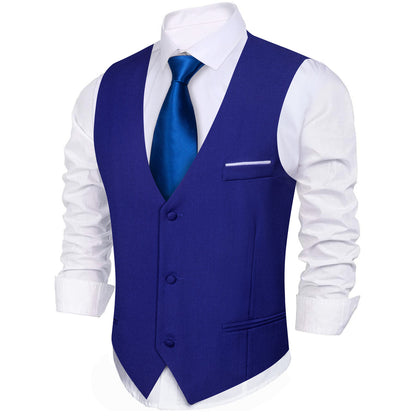 Royal Blue Solid Silk Men's V Neck Vest Set vest set    - Sophisticated Gentlemen