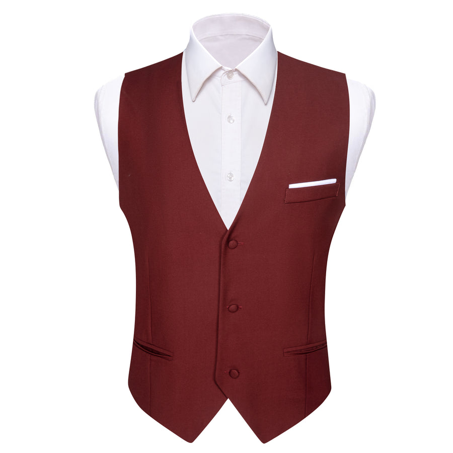 Burgundy Red Solid Silk Men's V Neck Vest Set vest set S (Chest 40")   - Sophisticated Gentlemen