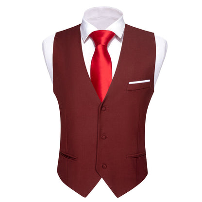 Burgundy Red Solid Silk Men's V Neck Vest Set vest set    - Sophisticated Gentlemen