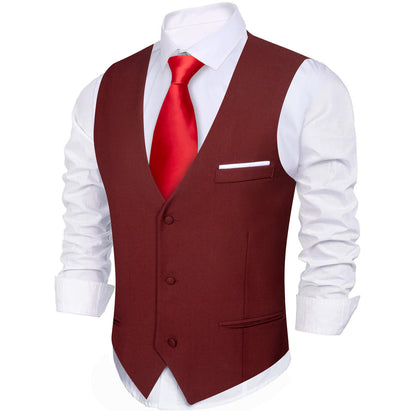 Burgundy Red Solid Silk Men's V Neck Vest Set vest set    - Sophisticated Gentlemen