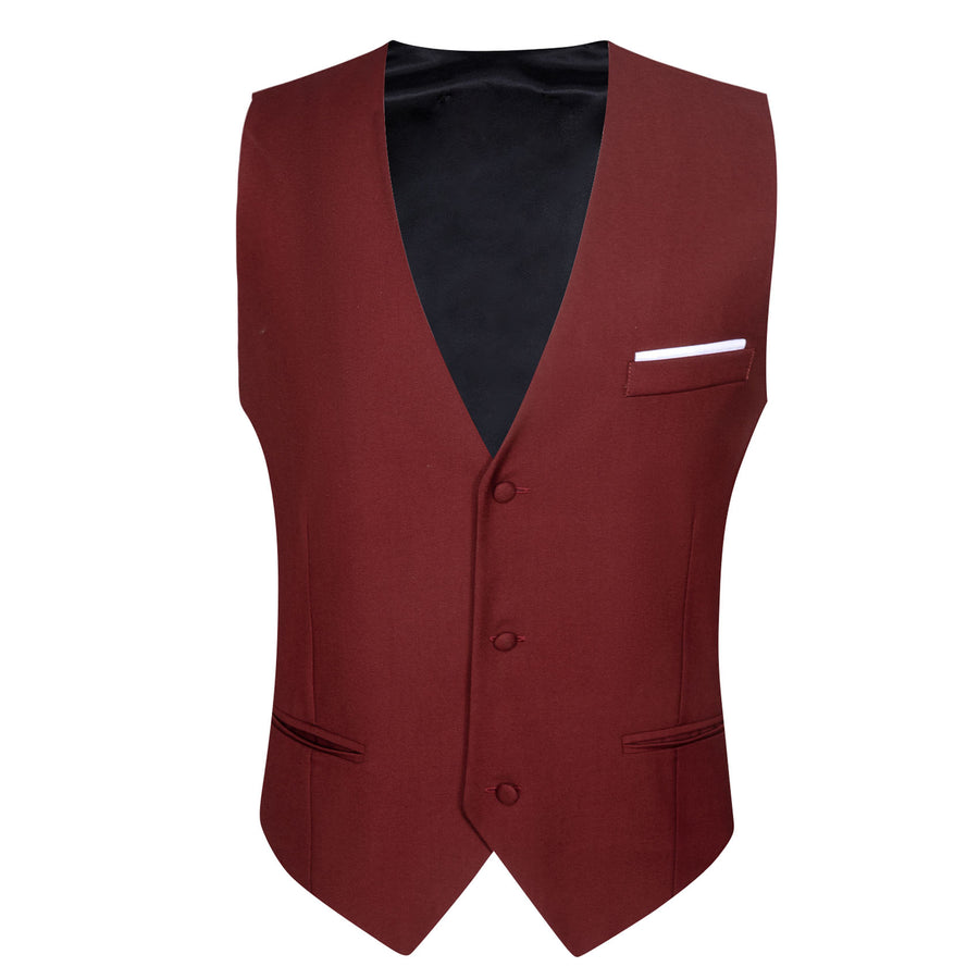 Burgundy Red Solid Silk Men's V Neck Vest Set vest set    - Sophisticated Gentlemen