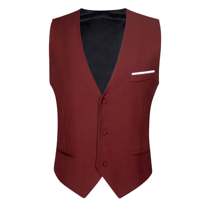 Burgundy Red Solid Silk Men's V Neck Vest Set vest set    - Sophisticated Gentlemen