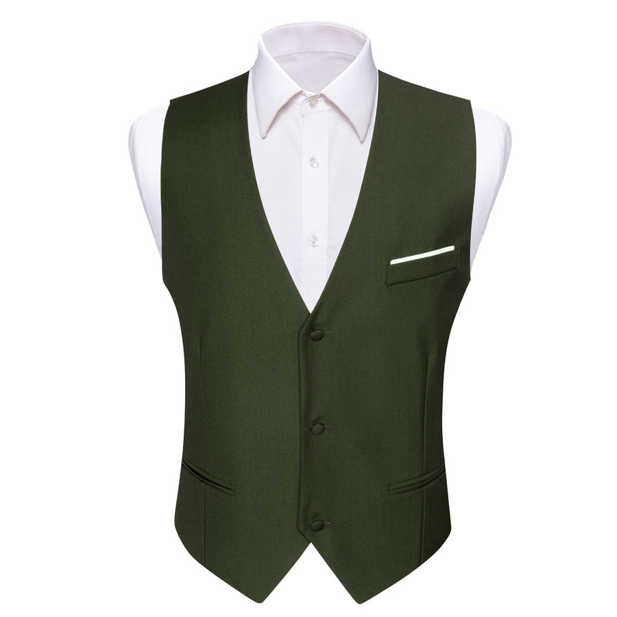 Olive Green Solid Silk V Neck Vest Set vest set S (Chest 40")   - Sophisticated Gentlemen