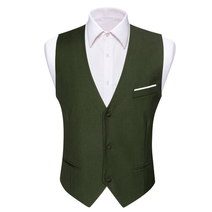 Olive Green Solid Silk V Neck Vest Set vest set S (Chest 40")   - Sophisticated Gentlemen