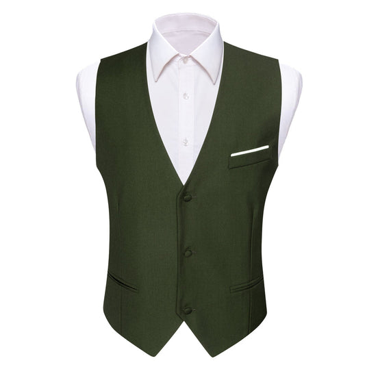 Olive Green Solid Silk V Neck Vest Set vest set S (Chest 40")   - Sophisticated Gentlemen