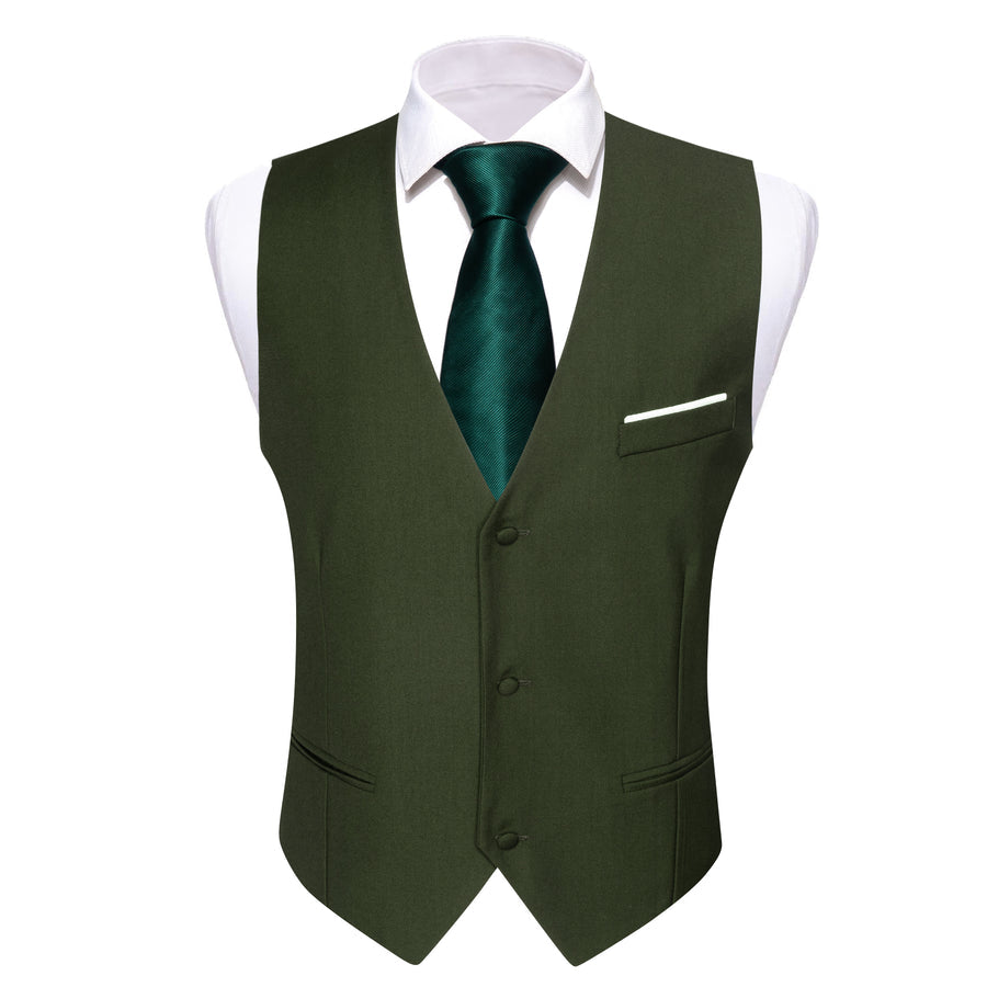 Olive Green Solid Silk V Neck Vest Set vest set    - Sophisticated Gentlemen