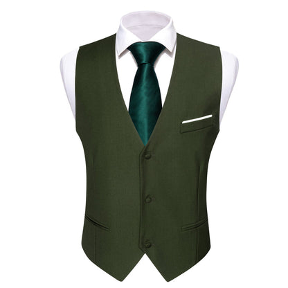Olive Green Solid Silk V Neck Vest Set vest set    - Sophisticated Gentlemen