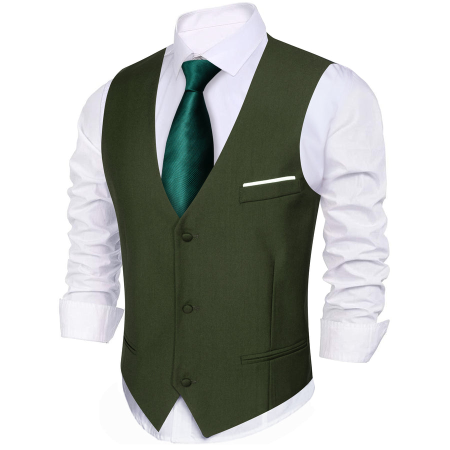 Olive Green Solid Silk V Neck Vest Set vest set    - Sophisticated Gentlemen