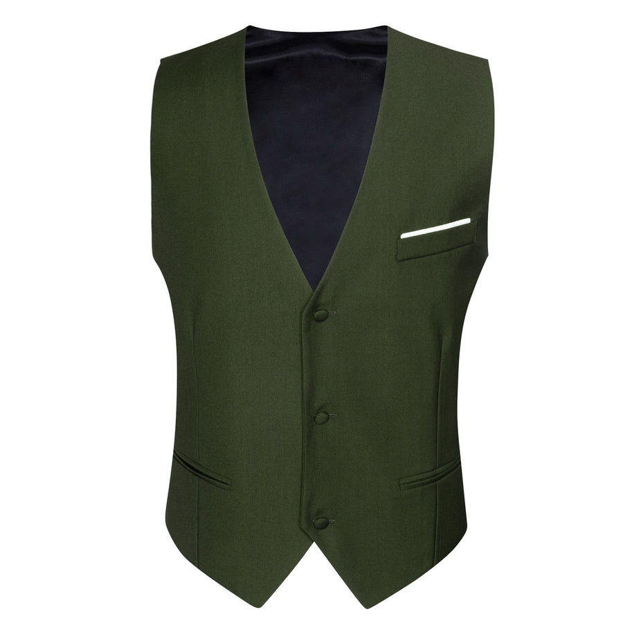 Olive Green Solid Silk V Neck Vest Set vest set    - Sophisticated Gentlemen