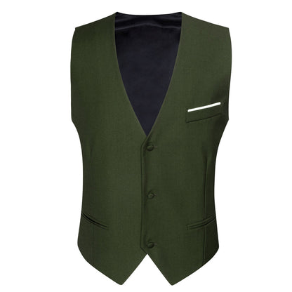 Olive Green Solid Silk V Neck Vest Set vest set    - Sophisticated Gentlemen