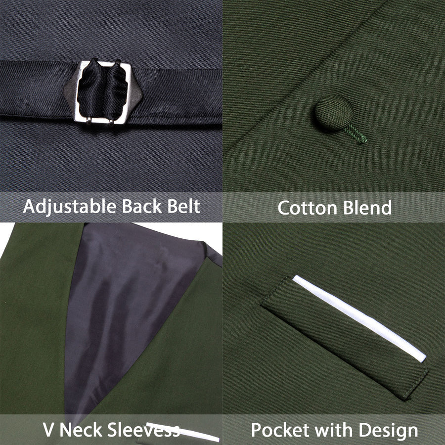 Olive Green Solid Silk V Neck Vest Set vest set    - Sophisticated Gentlemen
