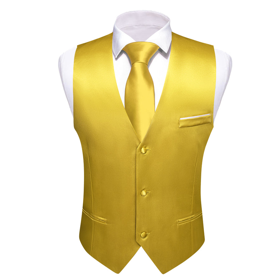 Lemon Yellow Solid Satin Men's V Neck Vest Set vest set    - Sophisticated Gentlemen