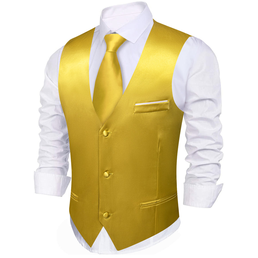 Lemon Yellow Solid Satin Men's V Neck Vest Set vest set    - Sophisticated Gentlemen