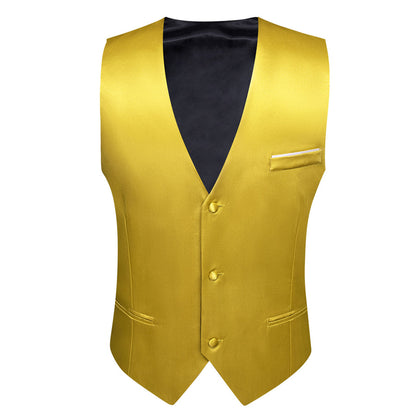 Lemon Yellow Solid Satin Men's V Neck Vest Set vest set    - Sophisticated Gentlemen