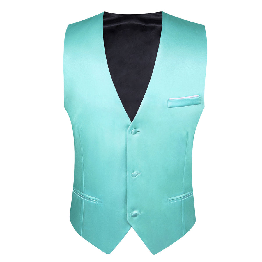 Aqua Blue Solid Satin Men's V Neck Vest Set vest set    - Sophisticated Gentlemen