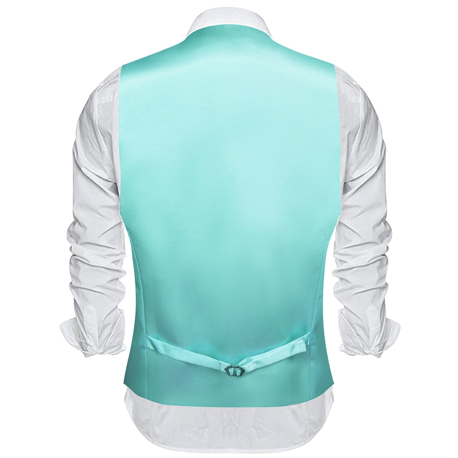 Aqua Blue Solid Satin Men's V Neck Vest Set vest set    - Sophisticated Gentlemen