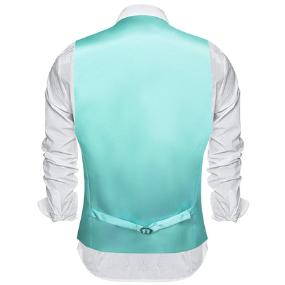 Aqua Blue Solid Satin Men's V Neck Vest Set vest set    - Sophisticated Gentlemen