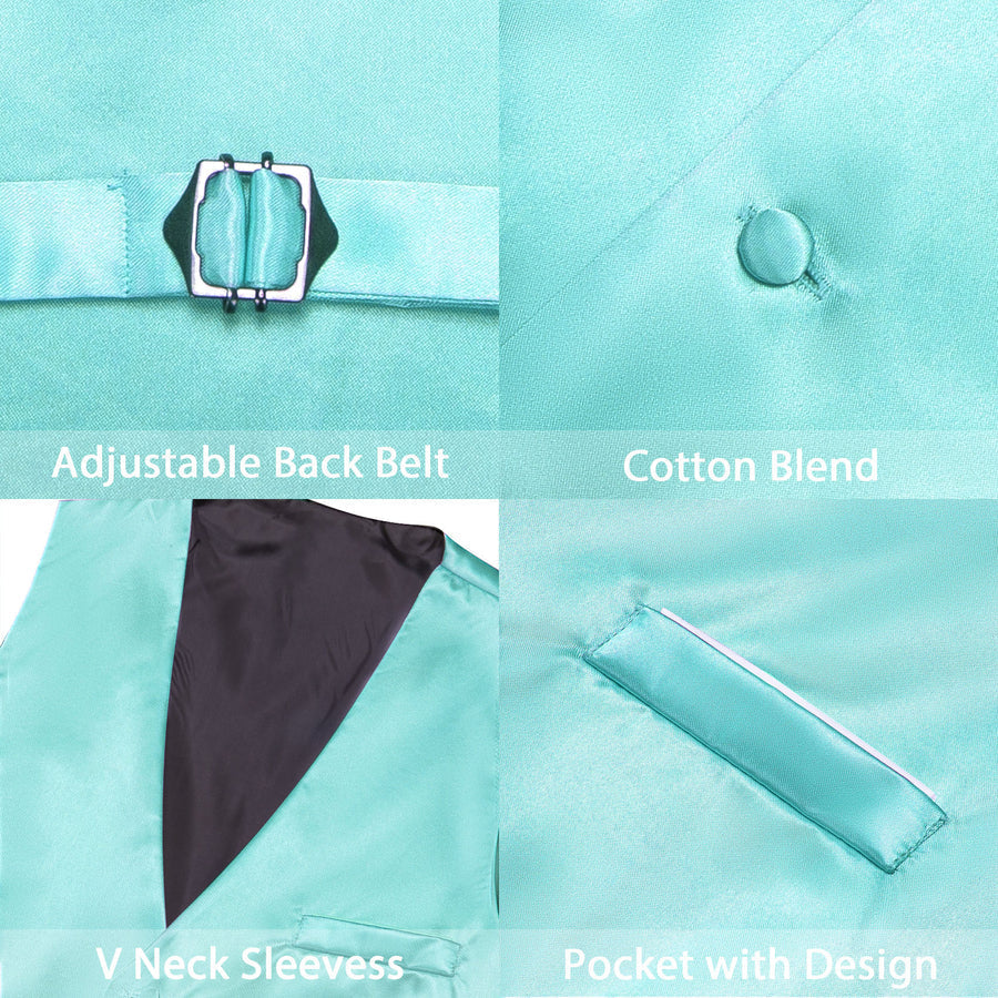 Aqua Blue Solid Satin Men's V Neck Vest Set vest set    - Sophisticated Gentlemen