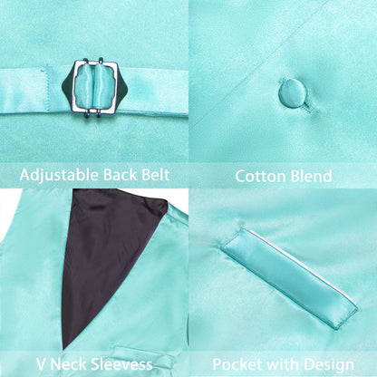 Aqua Blue Solid Satin Men's V Neck Vest Set vest set    - Sophisticated Gentlemen