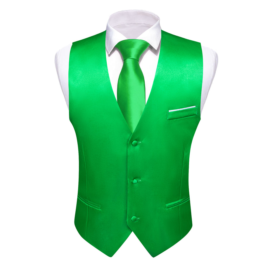 Bright Green Solid Satin Men's V Neck Vest Set vest set    - Sophisticated Gentlemen