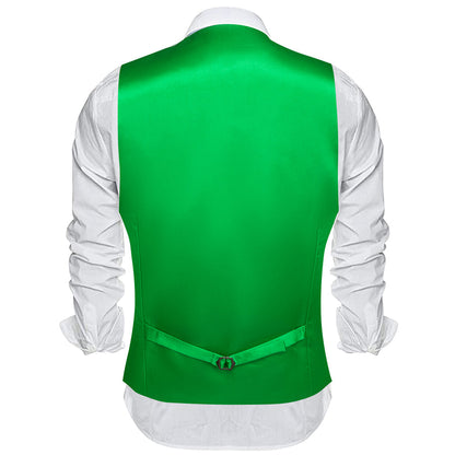 Bright Green Solid Satin Men's V Neck Vest Set vest set    - Sophisticated Gentlemen