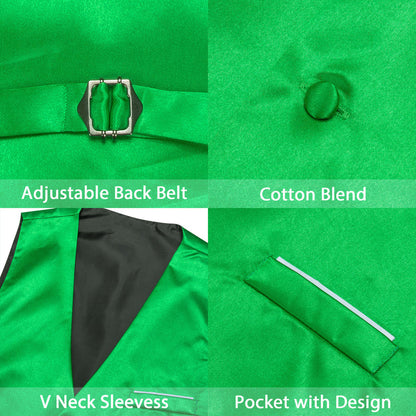 Bright Green Solid Satin Men's V Neck Vest Set vest set    - Sophisticated Gentlemen