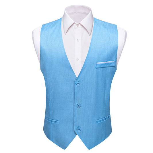 Sky Blue Solid Men's V Neck Vest Set vest set S (Chest 40")   - Sophisticated Gentlemen