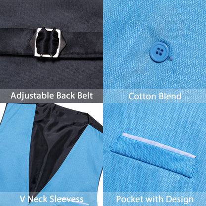 Sky Blue Solid Men's V Neck Vest Set vest set    - Sophisticated Gentlemen