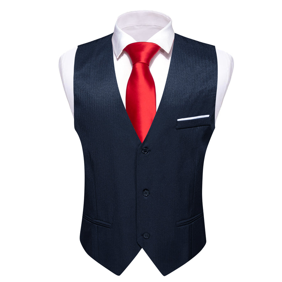 Navy Blue Solid Men's V Neck Vest Set vest set    - Sophisticated Gentlemen