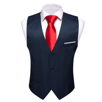 Navy Blue Solid Men's V Neck Vest Set vest set    - Sophisticated Gentlemen