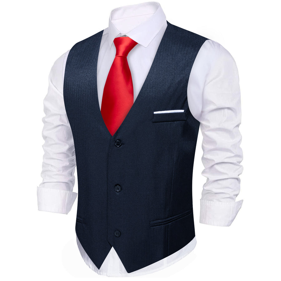 Navy Blue Solid Men's V Neck Vest Set vest set    - Sophisticated Gentlemen