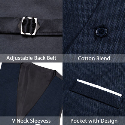 Navy Blue Solid Men's V Neck Vest Set vest set    - Sophisticated Gentlemen