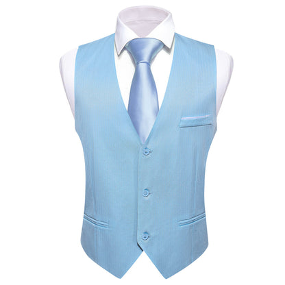 Baby Blue Solid Men's V Neck Vest Set vest set    - Sophisticated Gentlemen