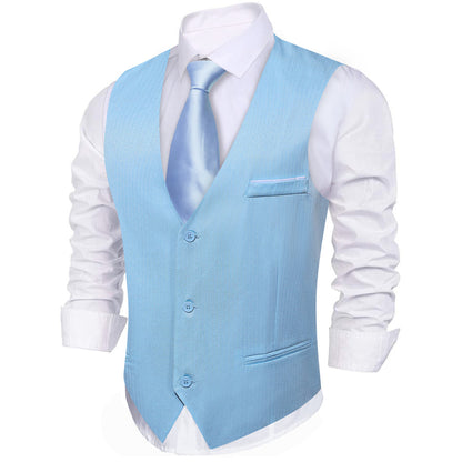 Baby Blue Solid Men's V Neck Vest Set vest set    - Sophisticated Gentlemen