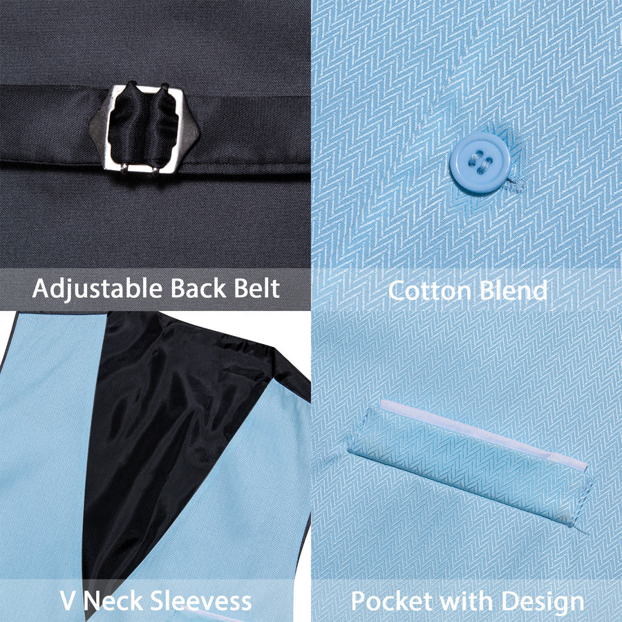 Baby Blue Solid Men's V Neck Vest Set vest set    - Sophisticated Gentlemen