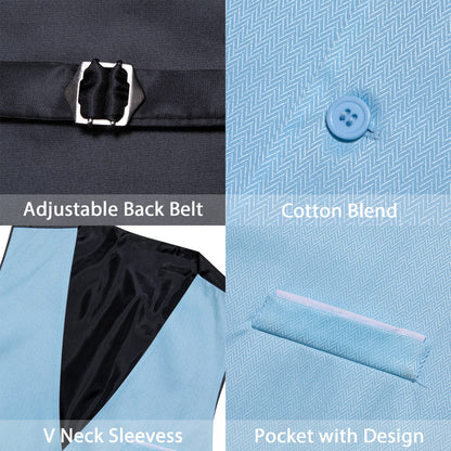 Baby Blue Solid Men's V Neck Vest Set vest set    - Sophisticated Gentlemen