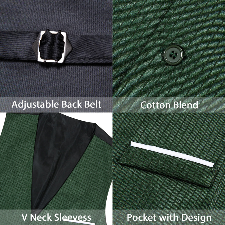 Dark Green Solid Men's V Neck Vest Set vest set    - Sophisticated Gentlemen