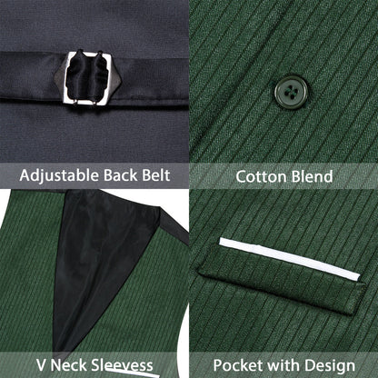Dark Green Solid Men's V Neck Vest Set vest set    - Sophisticated Gentlemen