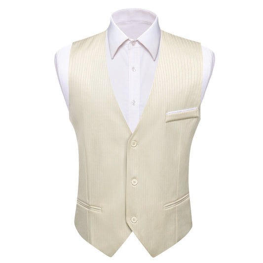 Beige Solid V Neck Vest Set vest set S (Chest 40")   - Sophisticated Gentlemen