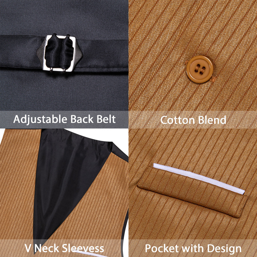Brown Solid Men's V Neck Vest Set vest set    - Sophisticated Gentlemen