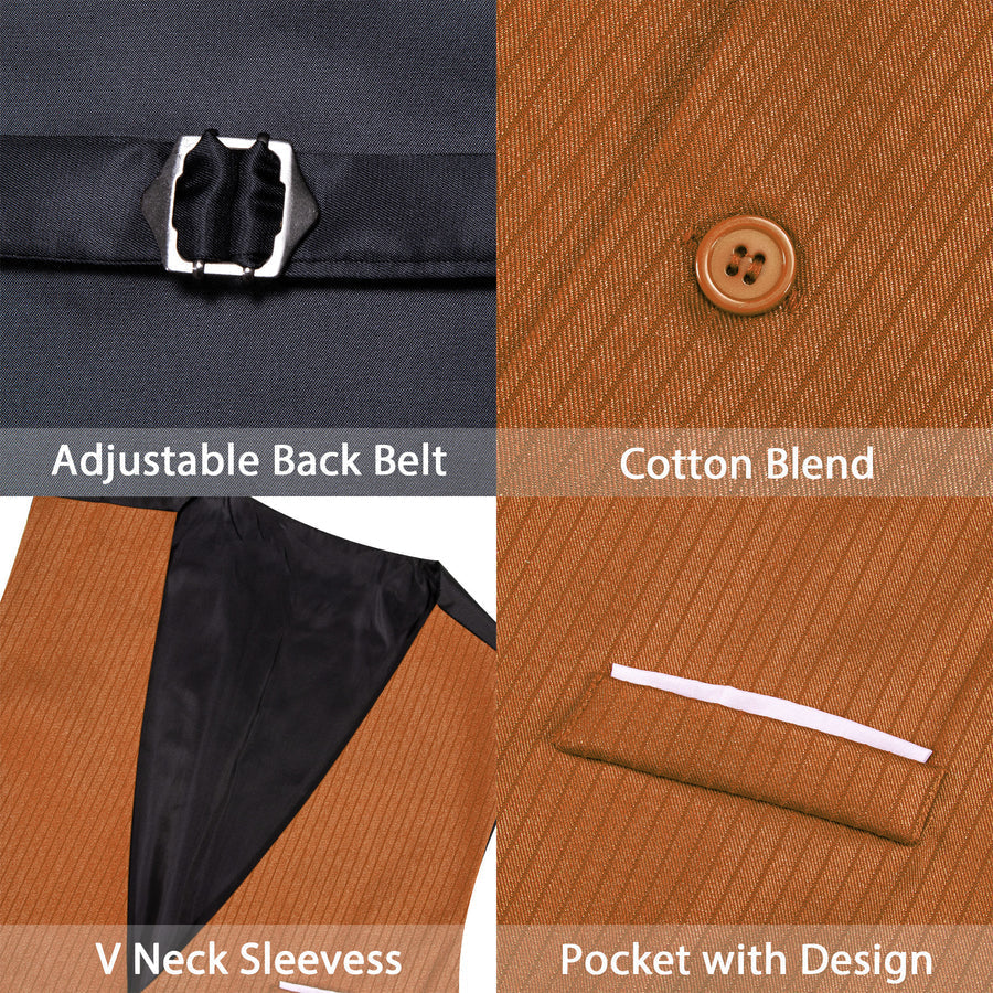 Red Brown Solid Men's V Neck Vest Set vest set    - Sophisticated Gentlemen