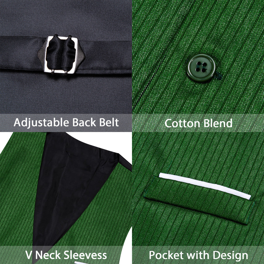 Grass Green Solid Men's V Neck Vest Set vest set    - Sophisticated Gentlemen