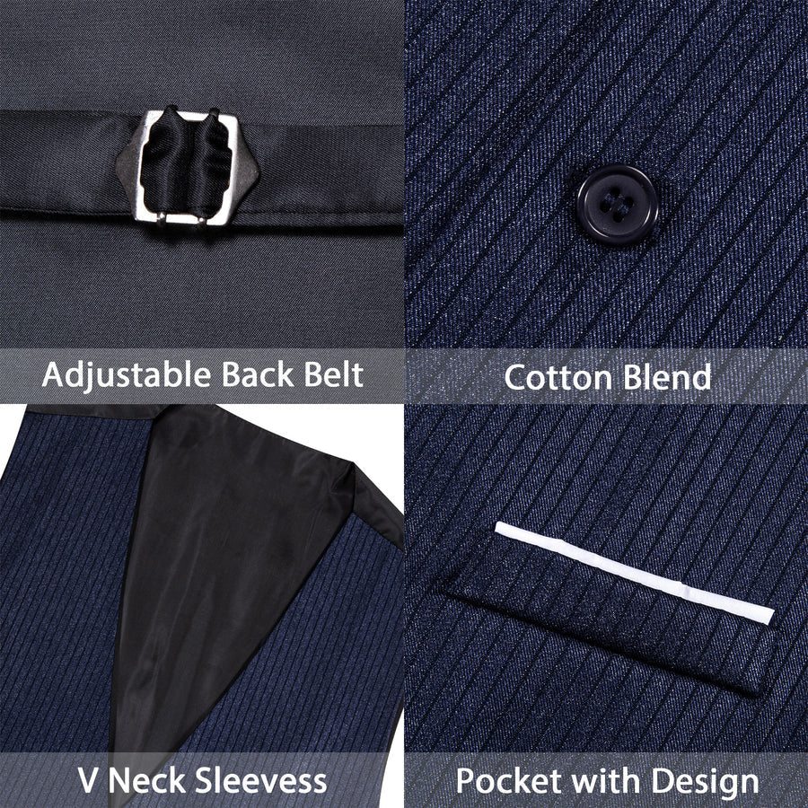 Dark Blue Solid Men's V Neck Vest Set vest set    - Sophisticated Gentlemen