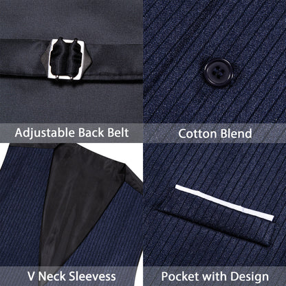 Dark Blue Solid Men's V Neck Vest Set vest set    - Sophisticated Gentlemen