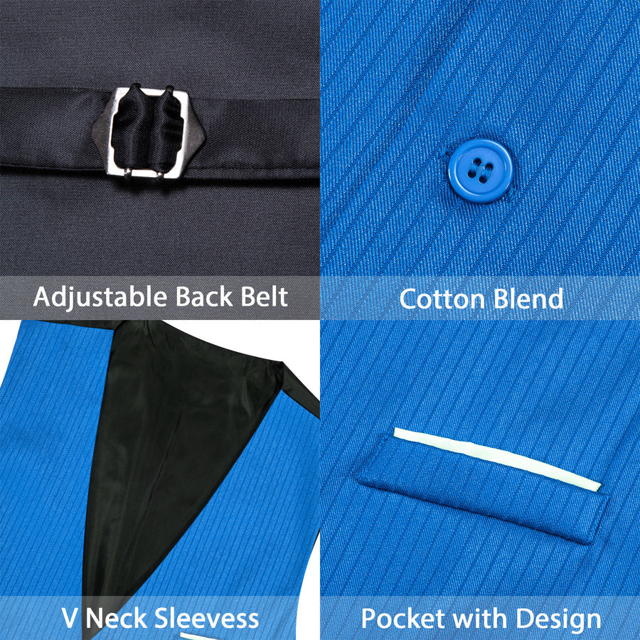 Bright Blue Solid Men's V Neck Vest Set vest set    - Sophisticated Gentlemen