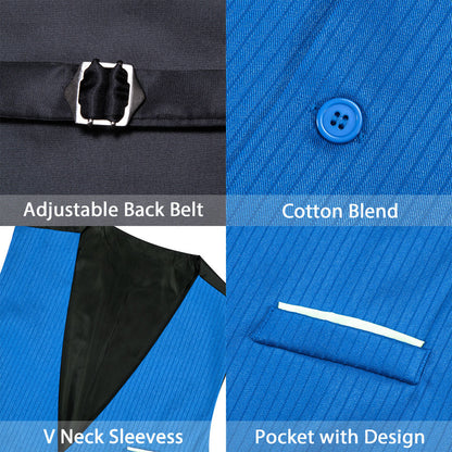 Bright Blue Solid Men's V Neck Vest Set vest set    - Sophisticated Gentlemen