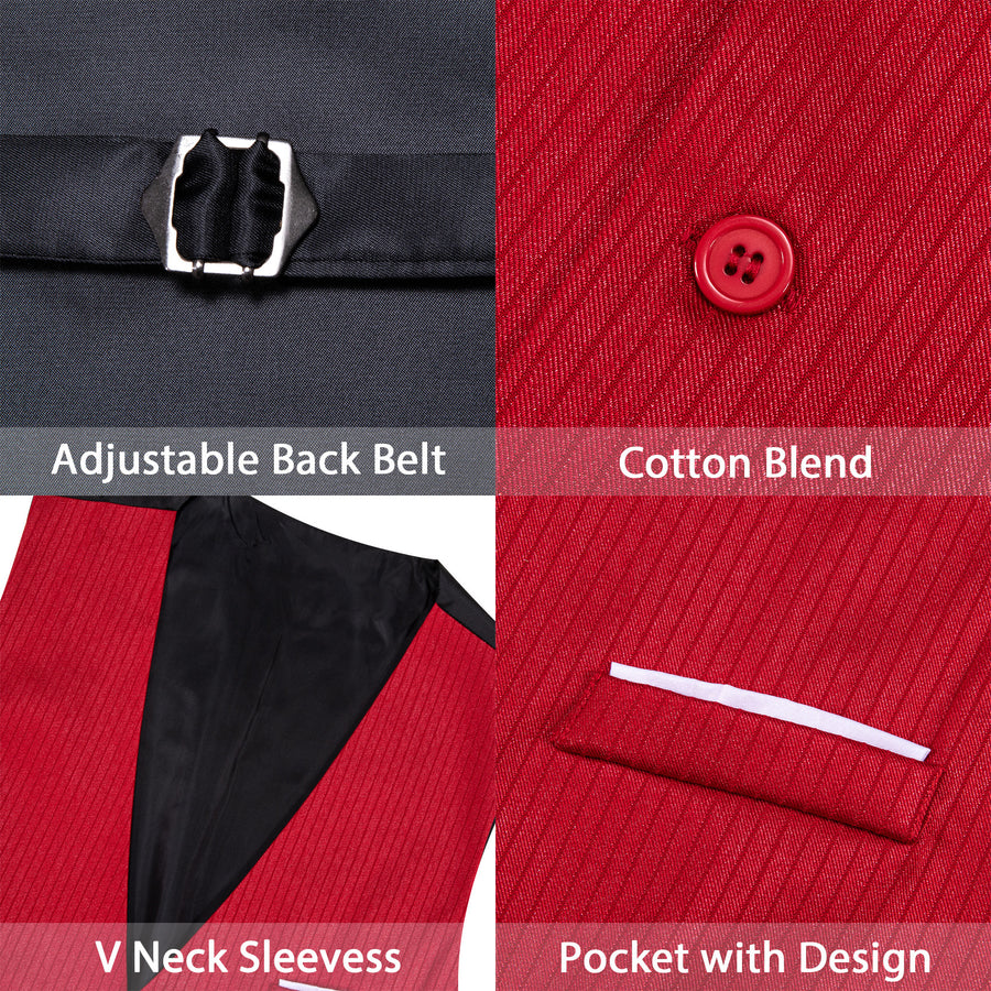 Red Solid Men's V Neck Vest Set vest set    - Sophisticated Gentlemen
