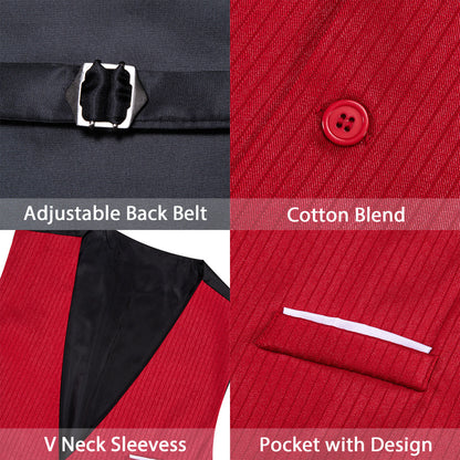 Red Solid Men's V Neck Vest Set vest set    - Sophisticated Gentlemen